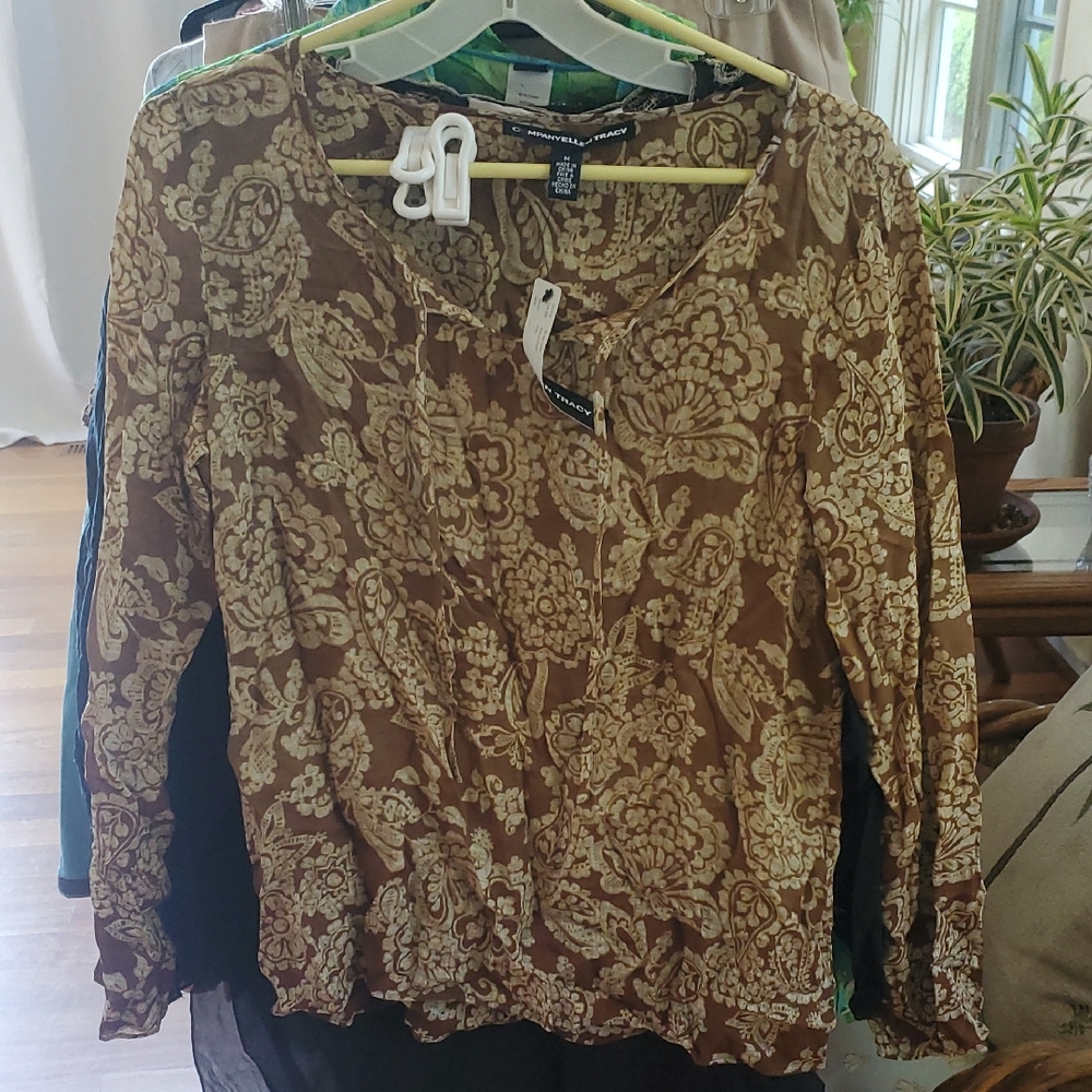 Ellen Tracy Brown and Cream Floral Blouse